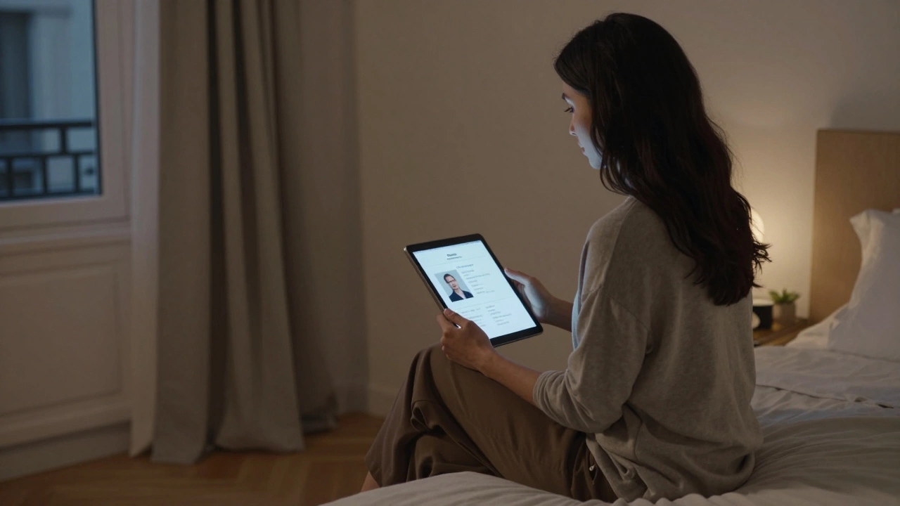 A woman in a Paris apartment reviews a professional escort profile on a tablet.