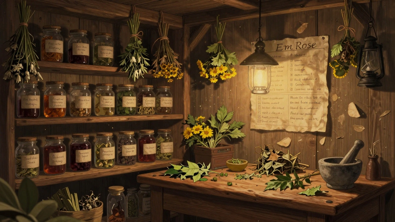 Cluttered herbal shed with jars, dried plants, and handwritten charts under warm lantern light.