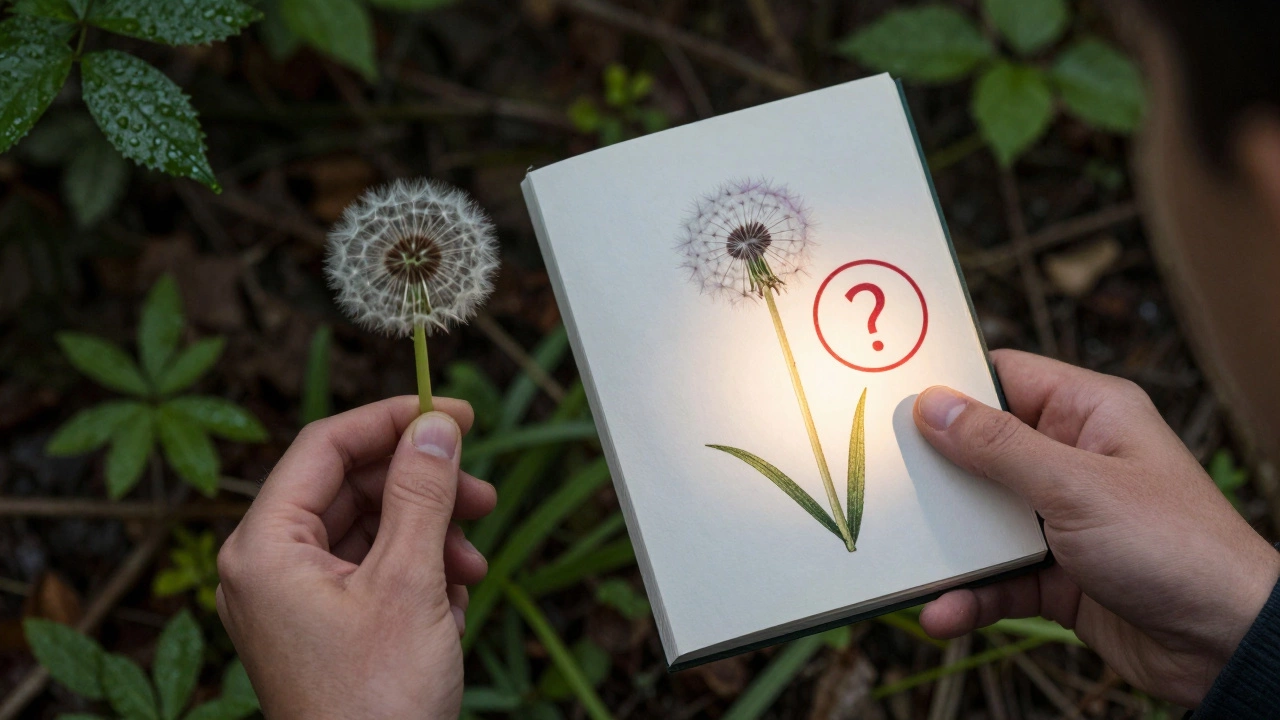 Two hands: one holding purple dandelion, other holding field guide with marked illustration.