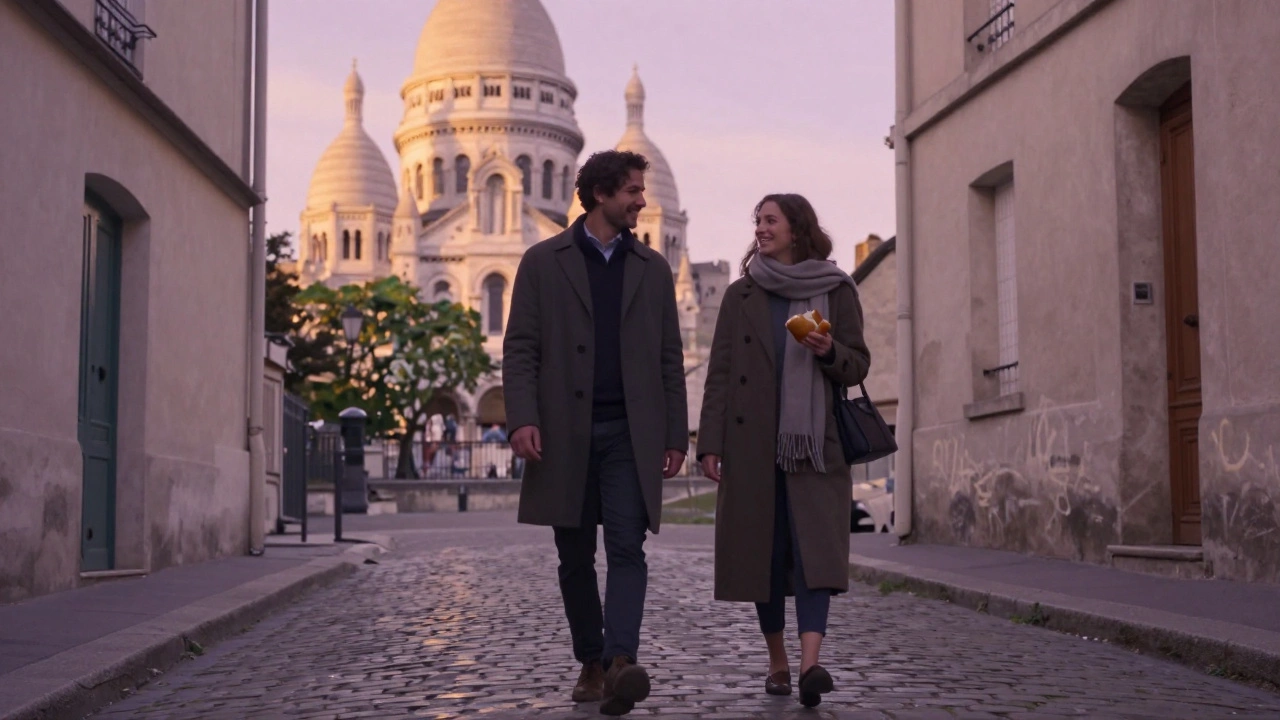Two people walk quietly together along a Parisian street at golden hour, sharing a quiet moment.